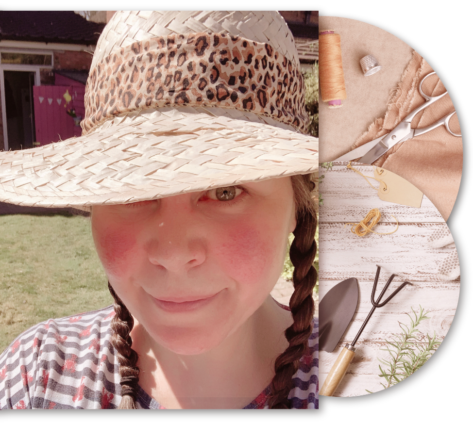 The Owner of this site, Mimi Codd, is in her garden with a straw hat, pulled down over one eye and her hair in two braids. To the left of the main picture are two circles, one depicting some scissors, fabric, thread and a thimble, and the other some gardening tools and a sprig of rosemary