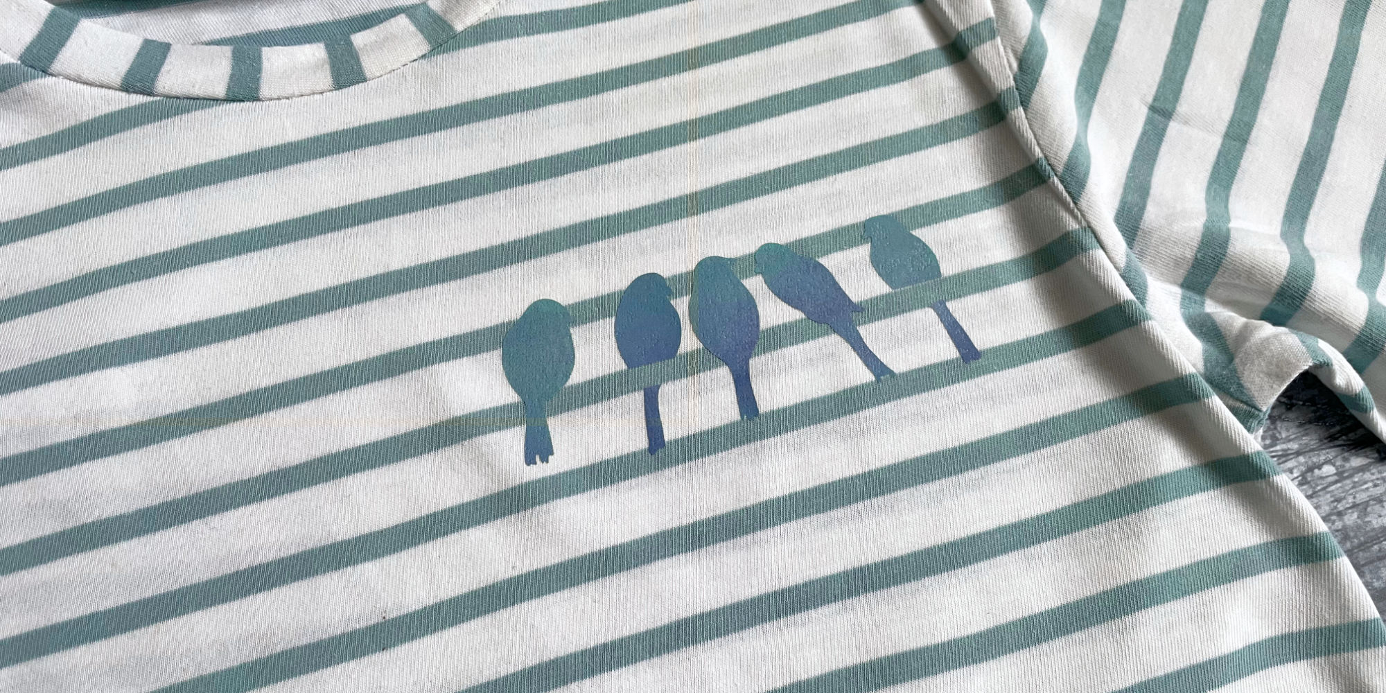 A row of five blue bird silhouettes on the line of a stripy top