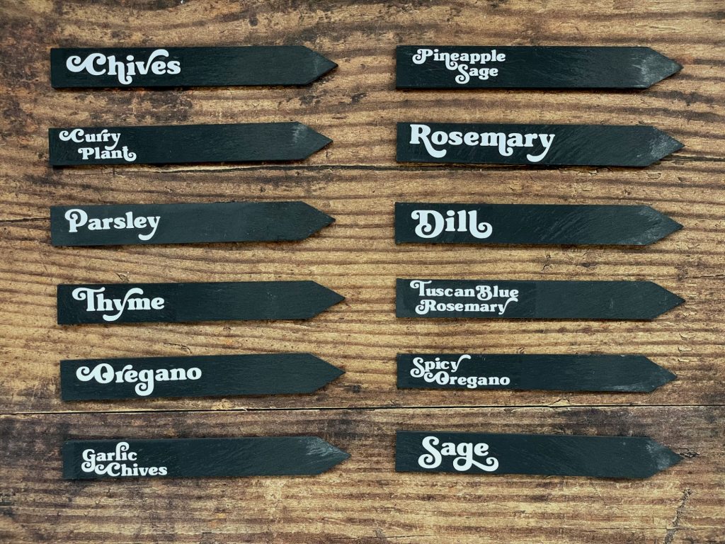 Set of 12 slate plant labels, each with the name of a herb (given earlier in post)